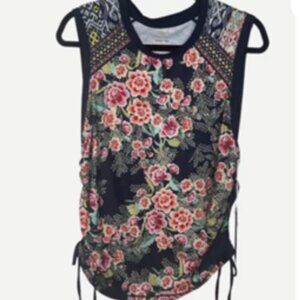 Johnny Was Aztec Flower Ruched Muscle Tank Bee Active Floral Tee Top L $150 NWT